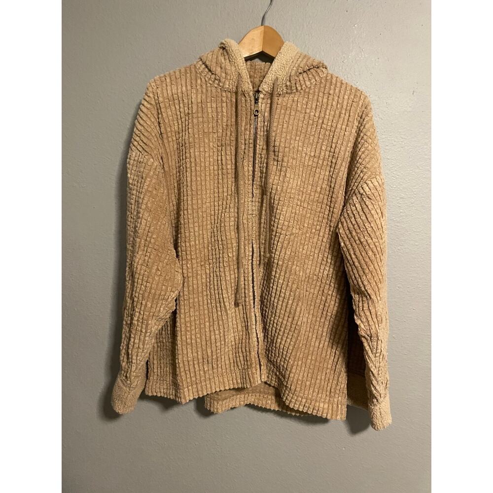Vintage Womens Hoodie Medium Beige Waffle Knit Sherpa Trim Full Zip Granola Girl